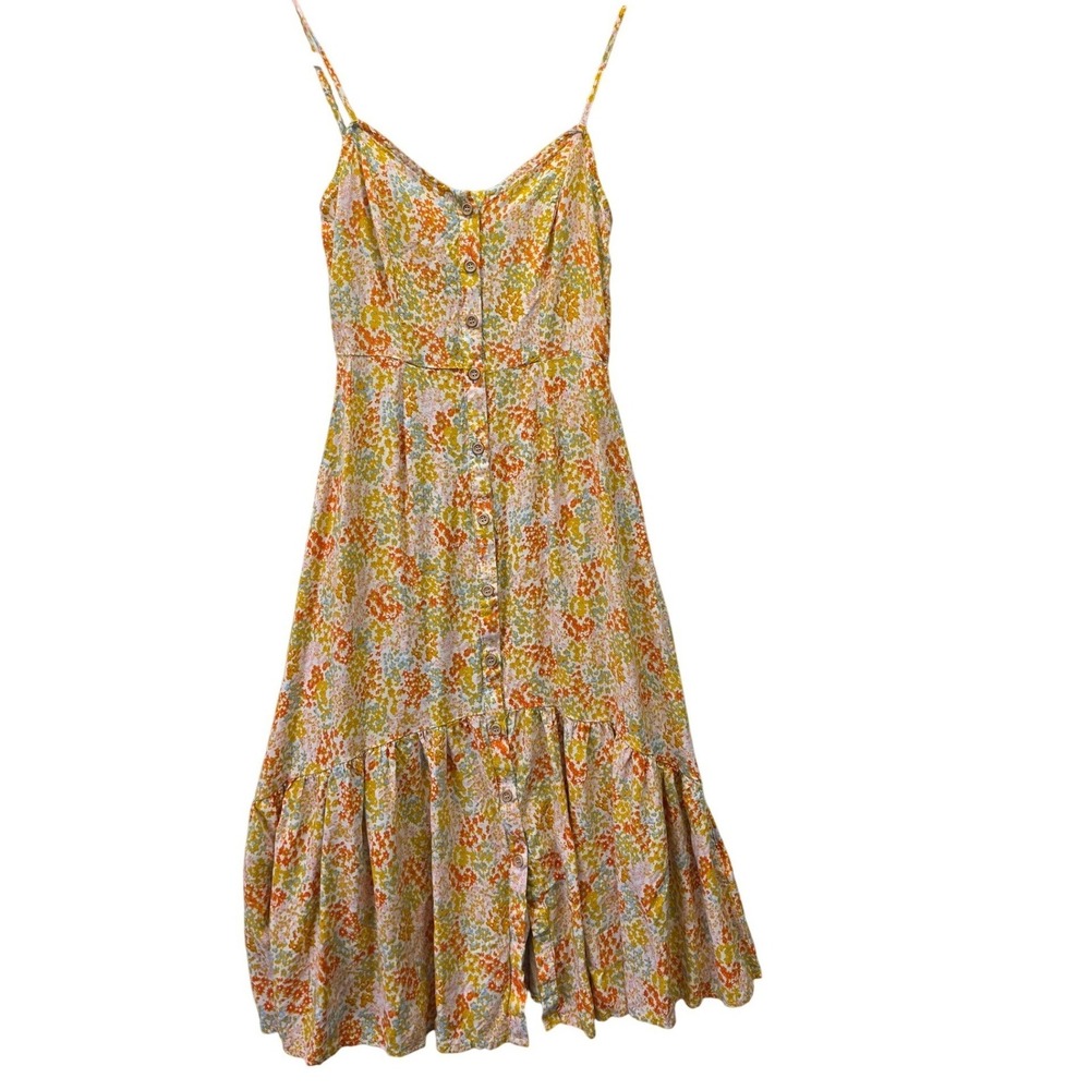 Mimi Chica Yellow Floral Button Front Midi Dress Womens Small Ruffle Hem Boho‎